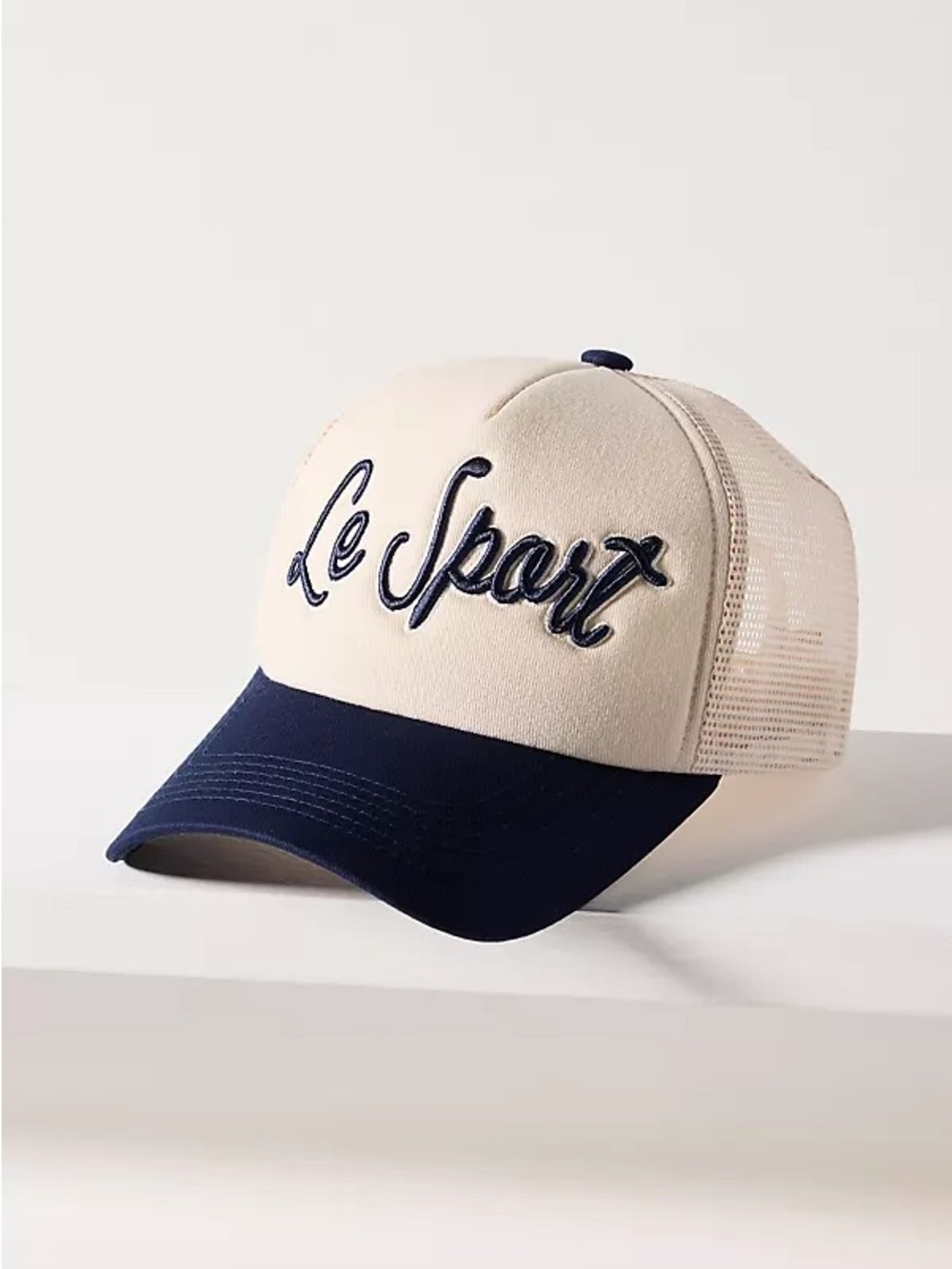 Anthropologie Worn West Le Sport Script Trucker Hat - Cream and Navy New